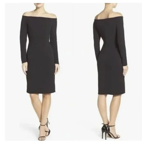 Eliza J Off the Shoulder Scuba Sheath Black Dress - Picture 5 of 9